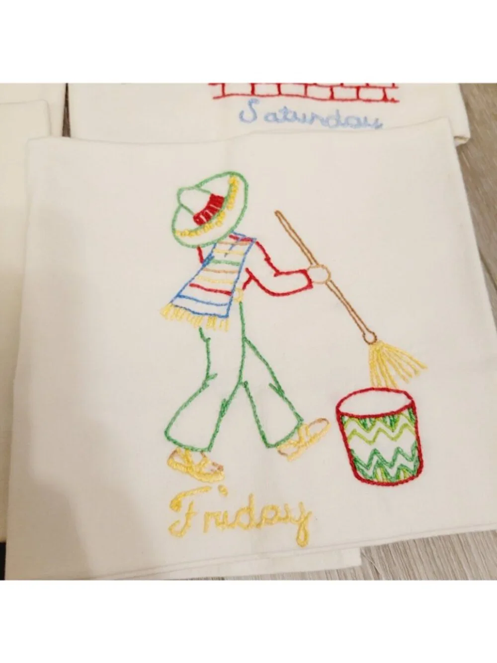 4 Hand-Embroidered Mexican Days Of The Week Tea Towels Cotton
